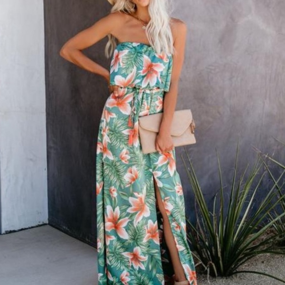 Vici Eucalyptus Strapless Maxi Dress Side Slit Small